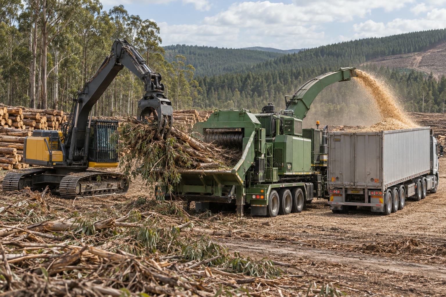A whole-tree chipper processing plantation residue into a walking-floor trailer