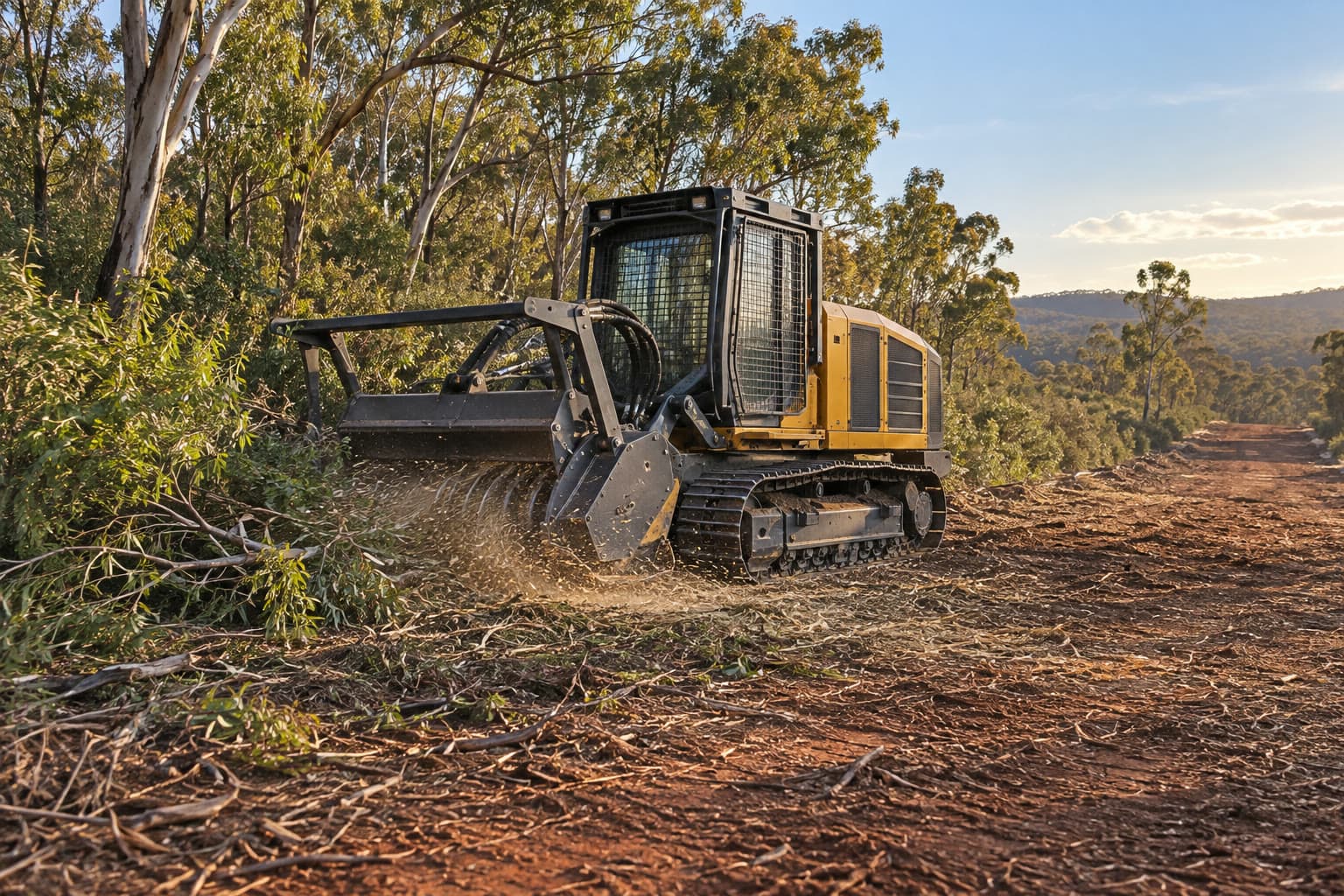 A tracked forestry mulcher treating dense vegetation beside an Australian firebreak