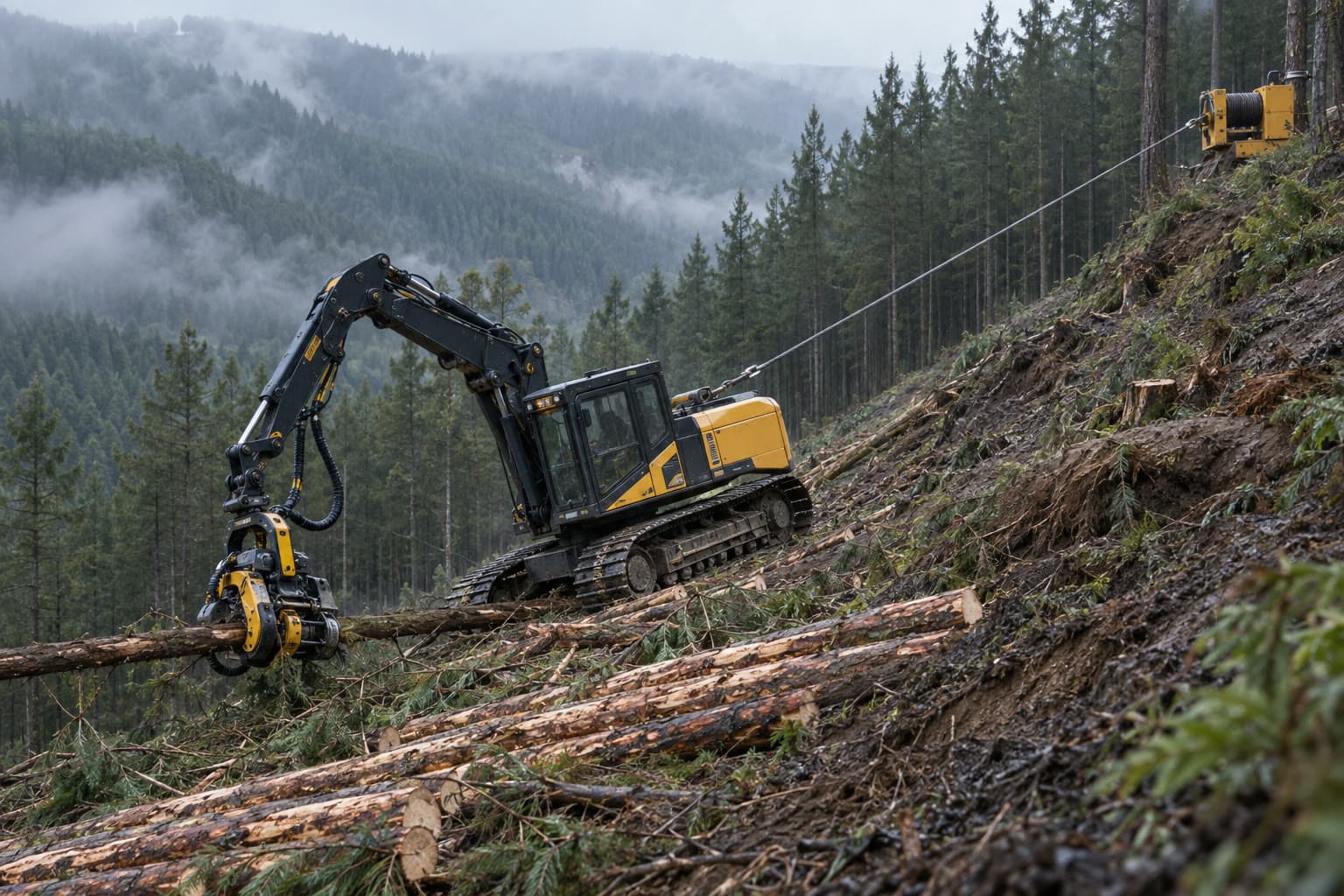 A tethered forestry harvester working on a steep plantation slope