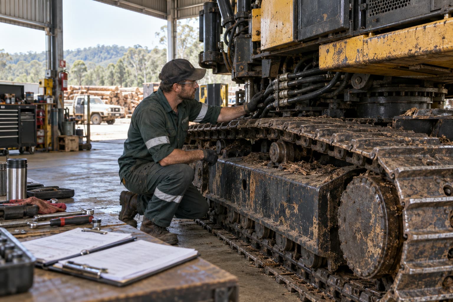 A forestry mechanic inspecting the undercarriage and hydraulic system of a used machine